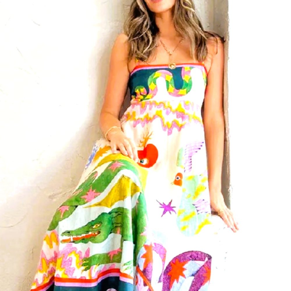 MULTICOLOR nwt MAXI DRESS FANCIFUL PRINT SPRING SUN DRESS EMPIRE WAIST
